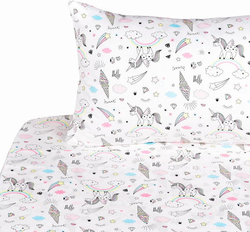J-pinno Unicorn Rainbow Ice-Cream Cone Twin 100% Cotton 3 Pieces Sheet Set for Kids Girls Children Flat Sheet + Fitted Sheet + Pillowcase Bedding Decoration Gift Set - Image 1